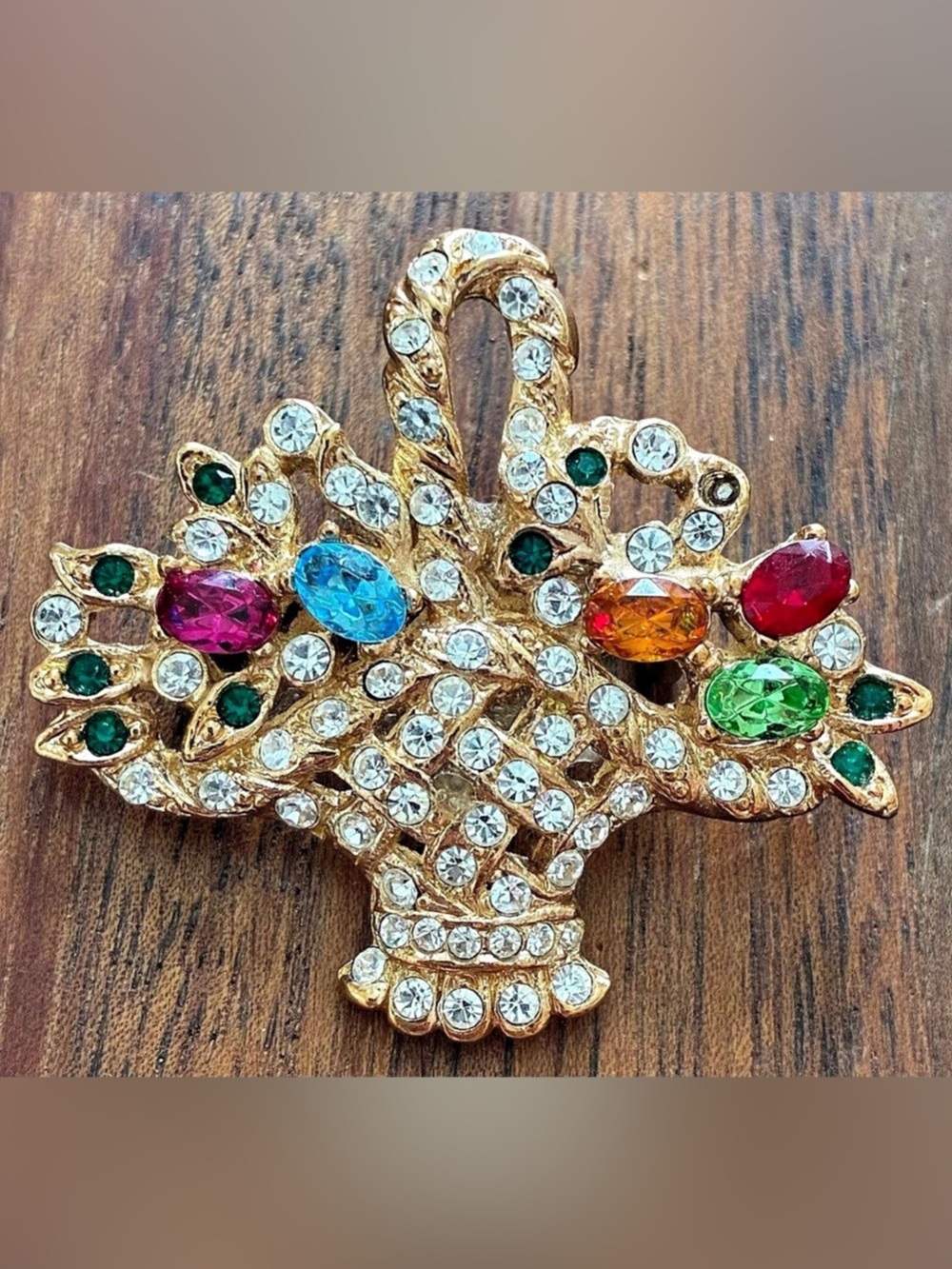 Multicolor Uranium Jeweled Statement Brooch Floral Basket Vintage Gold Tone